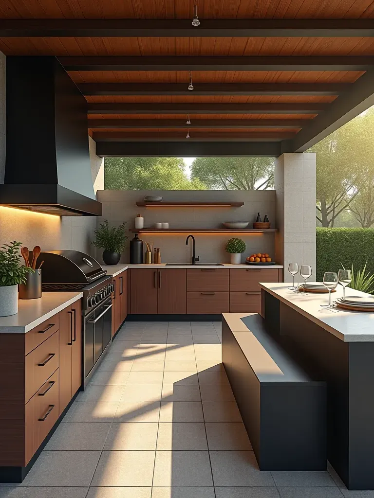 3D rendering of outdoor kitchen layout with multiple zones