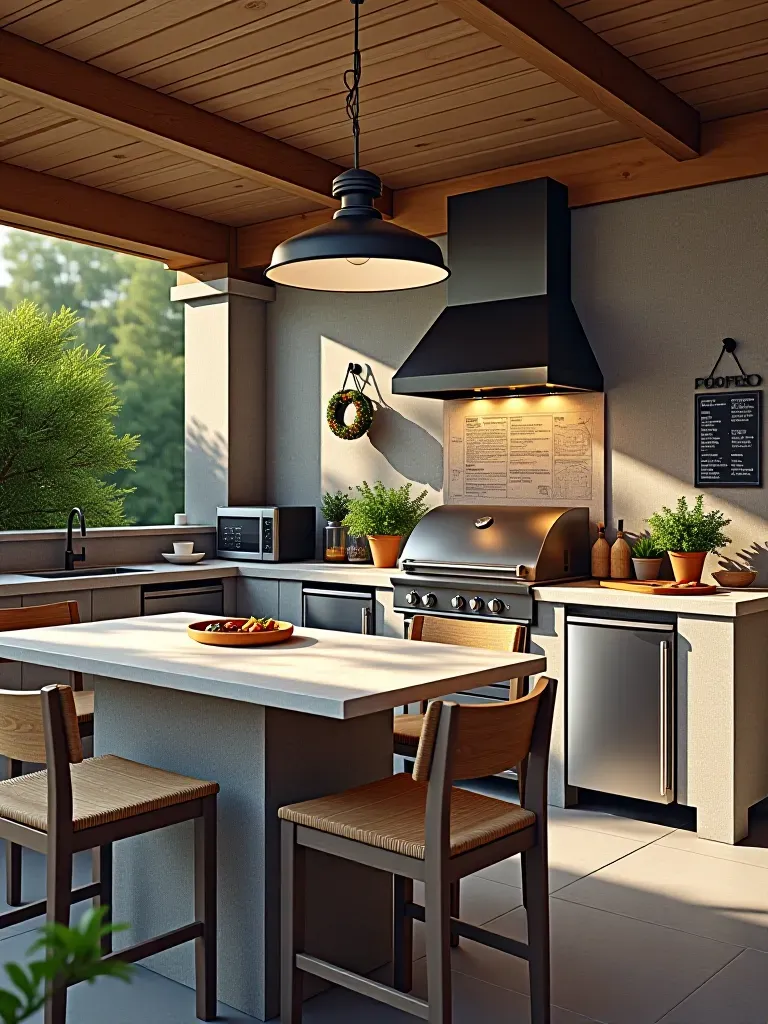 Annotated blueprint of outdoor kitchen with budget tips