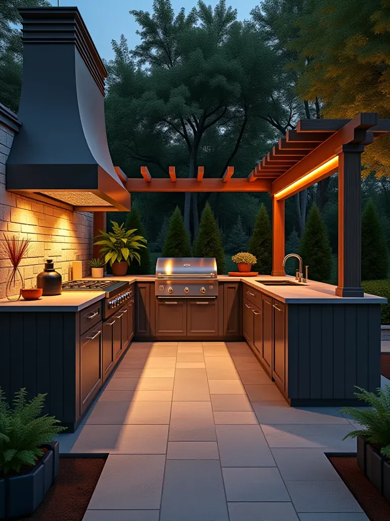 Artistic outdoor kitchen design with pergola and landscaping