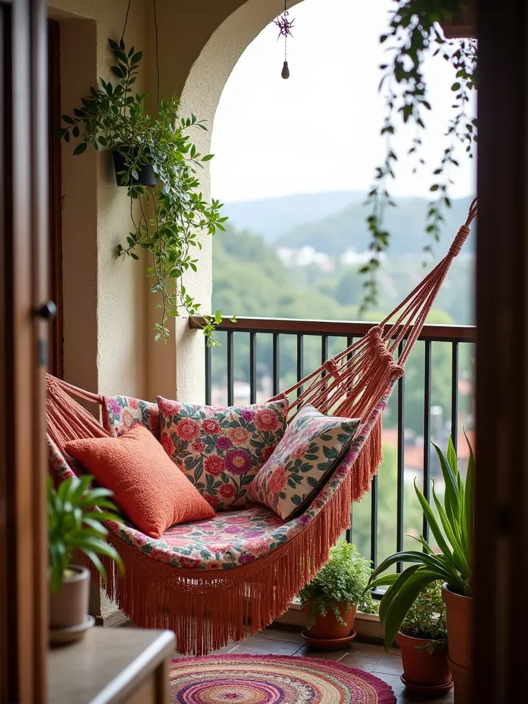 Bohemian balcony with macramé hammock, colorful pillows, and hanging plants