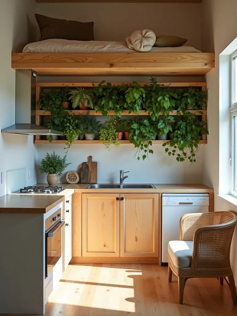 Compact kitchen in tiny house with folding furniture and vertical garden