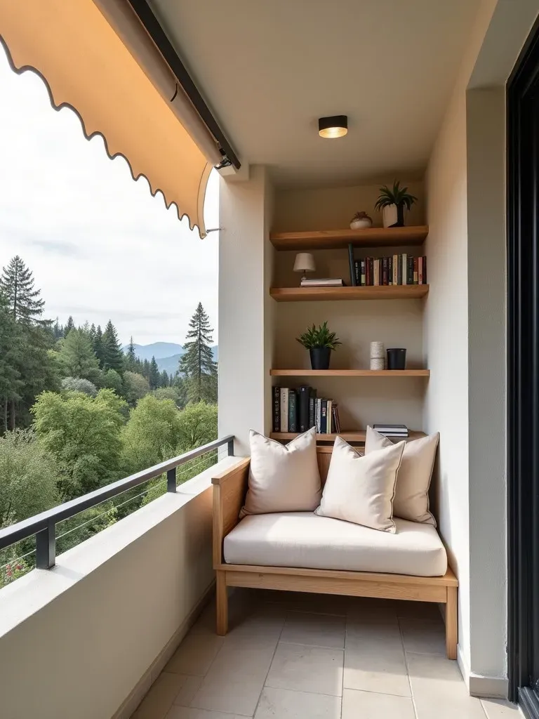 Cozy balcony reading nook with built in bench, cushions, and bookshelf