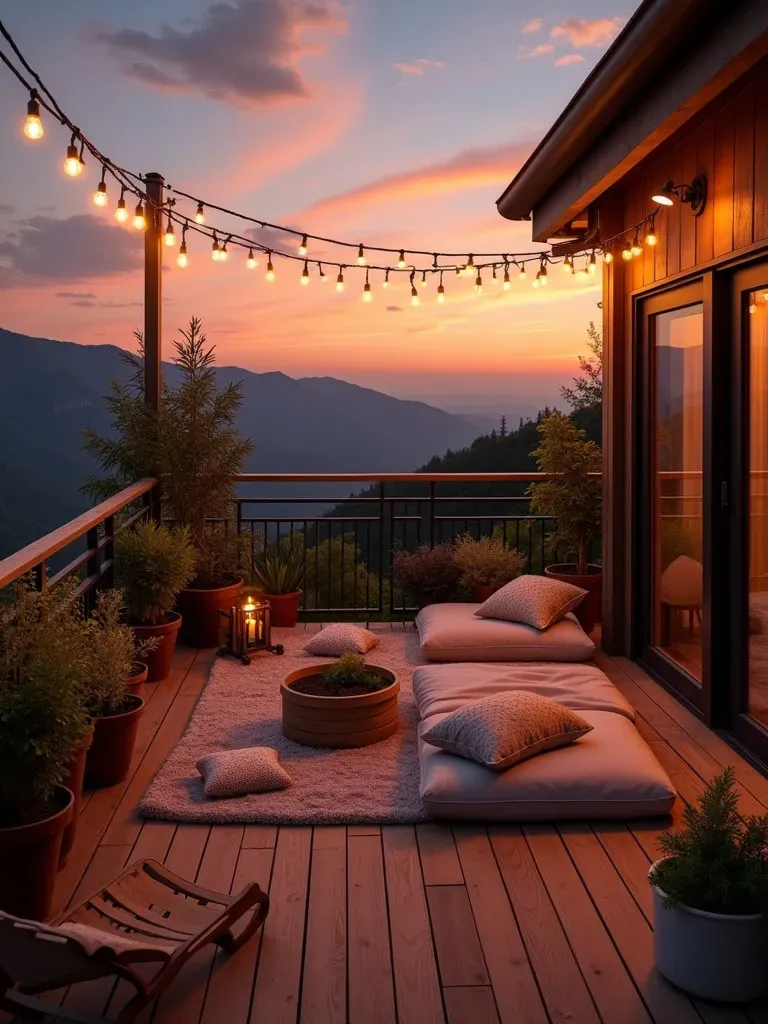 Cozy balcony with string lights, cushions, and plants at sunset