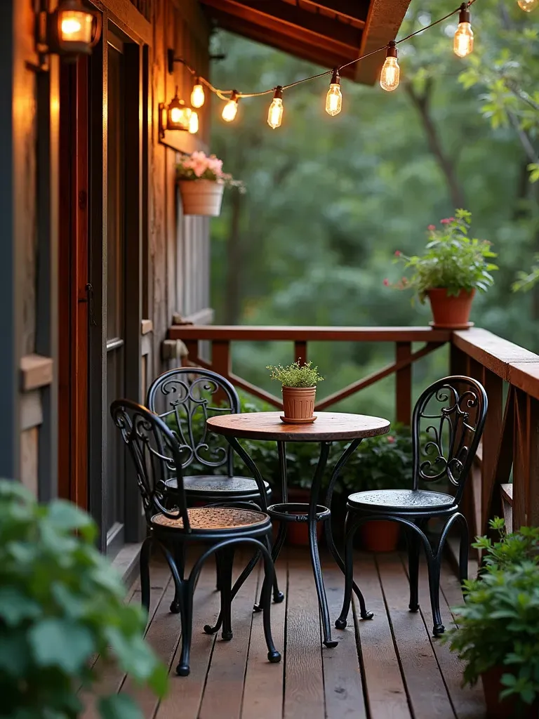 Cozy rustic style balcony with herb planters and mason jar lighting