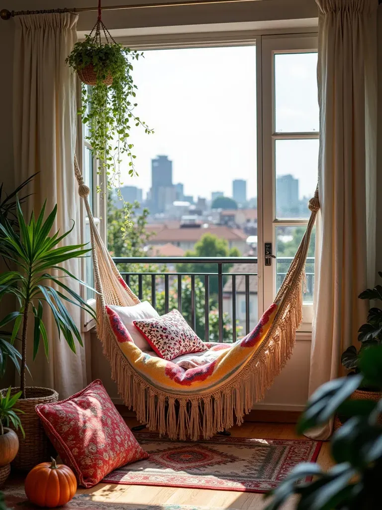 Eclectic boho style balcony with hammock and diverse plant life
