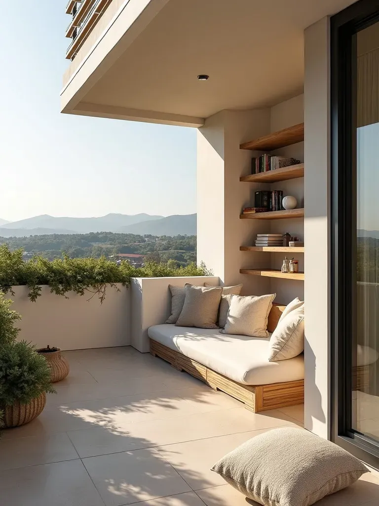 Inviting balcony setup for reading with comfortable seating and storage