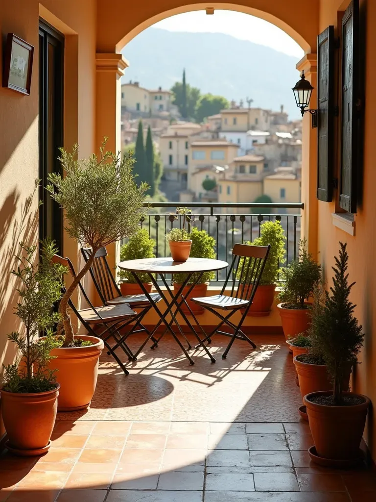 Mediterranean balcony with terracotta pots, olive tree, and mosaic floor