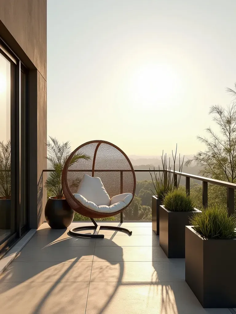 Minimalist balcony with egg chair, planters, and water feature in morning light