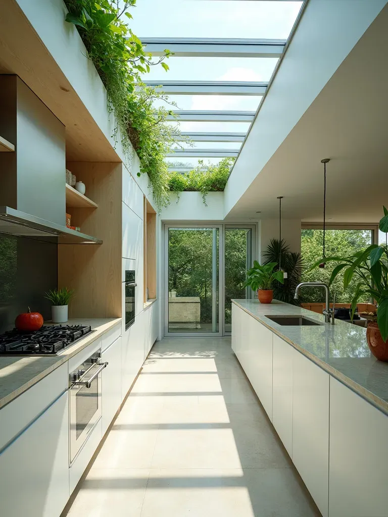 Modern kitchen with green roof visible through skylight and eco friendly features