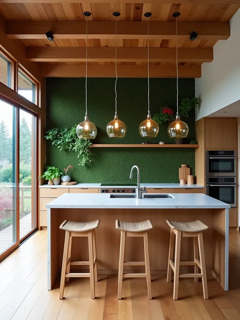 Modern kitchen with herb wall, reclaimed wood floors, and recycled glass lights