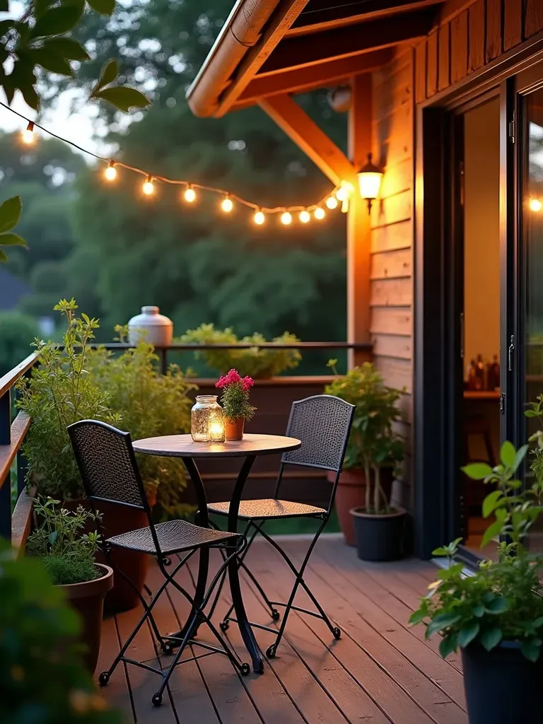 Rustic balcony with wood accents, herb garden, and vintage bistro set